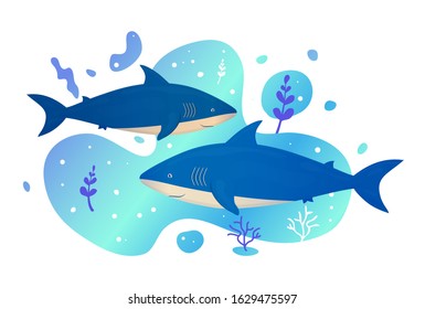 Two sharks in the sea. Ocean fish. Underwater marine wild life. Vector illustration.