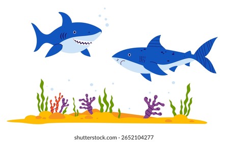 Dois tubarões animais selvagens com algas e corais no fundo do mar arenoso. Ilustração vetorial em estilo plano