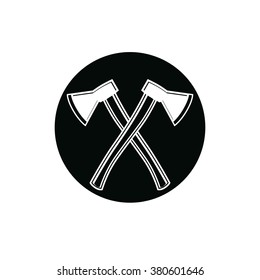 Two sharp axes crossed. Woodcutter tool, vector hatchet symbol isolated on white. Lumberjack instrument icon, can be used in advertising and design.