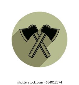Two sharp axes crossed. Woodcutter tool, simple hatchet symbol isolated on white. Lumberjack instrument vector icon, can be used in advertising and design.