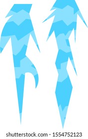two sharp icicles with patterns of frozen water objects on a white background concept of winter and nature