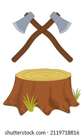 Two sharpened axes facing each other in the space above the stump