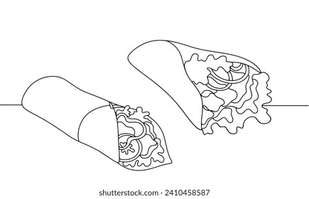 Two shawarmas with different fillings and different ways of rolling the pita bread. Delicious meat dish. Vector illustration. Images produced without the use of any form of AI software at any stage. 