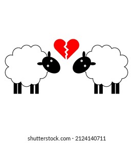 Two sheep broken heart in cartoon. Character design. Digital art. broken Love symbol. Vector illustration. stock image.