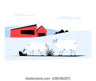 Two Sheep Grazing On A Farm In Flat Vector Illustration Symbolizing Agriculture, Livestock Farming, And Rural Landscape, Isolated On White Background