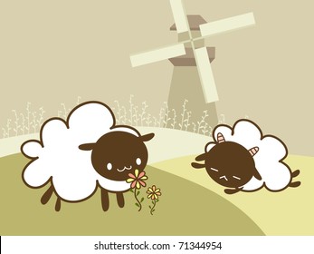 Two sheep in the green field