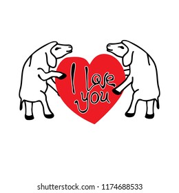 Two sheep holding a red heart with the inscription I love you.