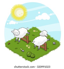 Two sheep jumping crossover wooden fences (isometric view)
