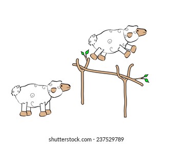 Two sheep jumping over a fence.