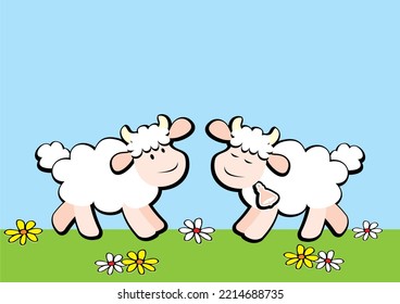 two sheep, a lamb and a ewe, vector illustration on blue and green background, conceptual design