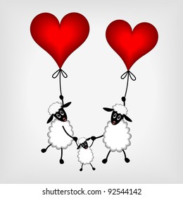 Two sheep and litlle lamb hanging on red balloons - hearts on gray background - vector illustration