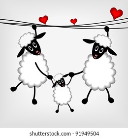 Two sheep and little lamb hanging on washing line - vector illustration