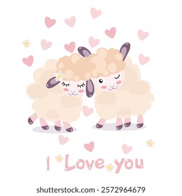 Two sheep in love. Pink Hearts. Romantic card with the inscription I love you. Vector cartoon illustration