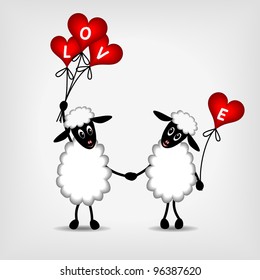 two sheep in love with red hearts - balloons and text LOVE - vector illustration