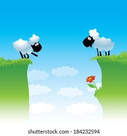 two sheep on a cliff looking at a flower