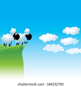 two sheep on a cliff looking at the clouds