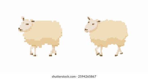 Two sheep with pale wool in a pixel style, simple and blocky, looking towards each other.