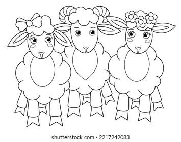Dos ovejas y un carnero, un rebaño de lindos animales - una imagen vectorial lineal para el colorante. Esquema. Un par de ovejas y un carnero - personajes para un libro de colorear para niños.