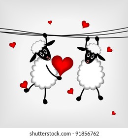 two sheep with red hearts - vector illustration