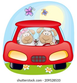Two Sheep is sitting in a car 