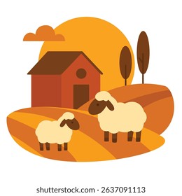Two sheep standing on yellow hills with farm house, trees, and sun. Flat vector cartoon illustration in warm color palette. Farm animals and countryside concept. Design for poster, card, wallpaper