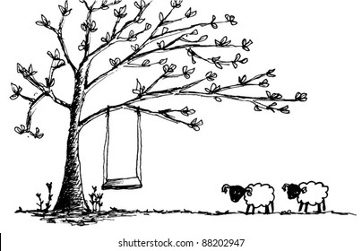two sheep and tree drawing by me