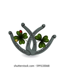 Two sheets of clover and horseshoe. St.Patrick 's Day. Isolated on white background. Vector illustration