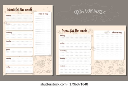 Two sheets for notes in horizontal and vertical execution. Menu and food plan for the week.