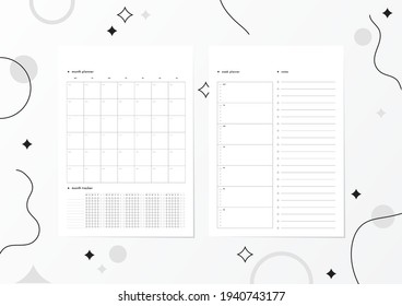 Two sheets of paper A4 with planner template for week and month. Habit tracker and notes. Cute black and white minimalistic printable design. Calendar template. Planner table.