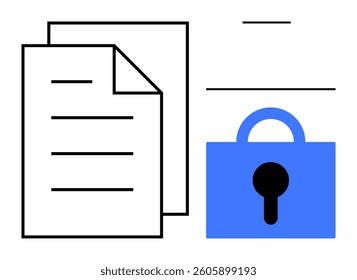 Two sheets of paper and a blue lock emphasize the importance of document security and data protection. Ideal for cyber security, privacy, information safety, secure document management, and data