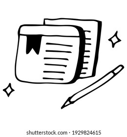 Two sheets of paper with bookmark and pencil, notepad. Isolated on white. Simple icon. Doodle style. Vector illustration.