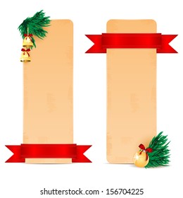two sheets of paper decorated with fir branches and christmas toys.christmas background.vector