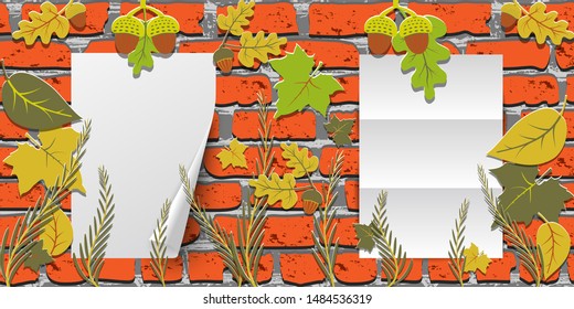 Two Sheets of paper hanging on a red brick wall. Horizontal Autumn background with leaves and acorns. Vector illustration.