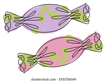 Two shekoladny sweets. Confectionery sweetness in a modern one line style. Solid line, outline for decor, posters, stickers, logo. Vector illustration.