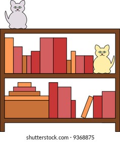 Two shelf bookcase filled with books with two cats sitting on top. Vector.