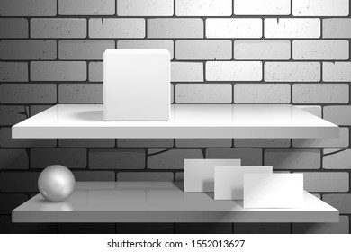 Two shelves with objects near a brick wall. Cubic box, white ball and blank cards. Mockup for design with realistic shadows