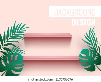 Two shelves on the wall with light and shadow in empty white room. Pyramid or tree shape