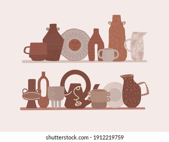 Two shelves with porcelain clay handmade vector illustration brown pots. Modern ceramic gliders pottery studio. Set of patterns vases, crockery and interior decoration isolated on white.