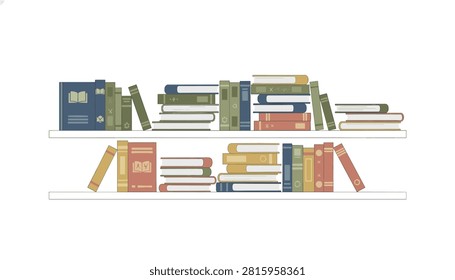 Two shelves stacked with a diverse selection of hardback and paperback books in a library or home study environment.