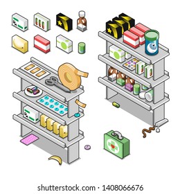 Two shelves stuffed with medication and pills in boxes and bottles, several objects separated (isometric illustration set)