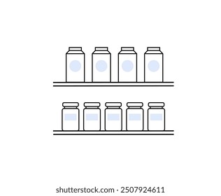 Two shelves with various containers and jars, depicted in minimalist style with black outlines. Light blue labels on a white background, ideal for storage or organization themes