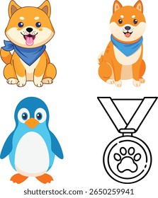 de dois cães shiba inu, um pinguim e uma medalha com uma impressão de pata sobre um fundo branco.