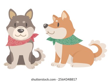 Two shiba inu dogs are sitting.  Vector illustration in flat cartoon style on white background.