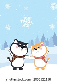 Two Shiba Inu on the forest with snowflake. Two puppies holding hands in the snow in winter. White Day Valentine's Day greeting card.
