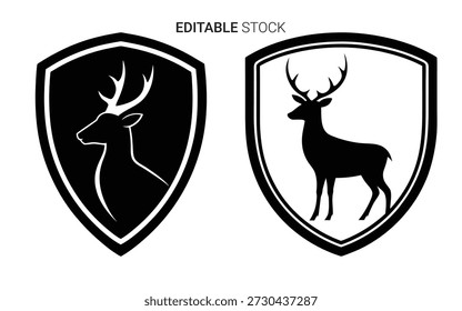 Dos emblemas de escudo muestran un diseño detallado de ciervo utilizando un estilo de silueta llamativo.