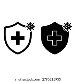 Two shield icons featuring a cross symbol each with a virus particle illustration isolated on transparent background