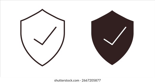Dos iconos de escudo, uno negro y otro blanco, ambos con una marca de verificación en el interior, aislados en blanco.