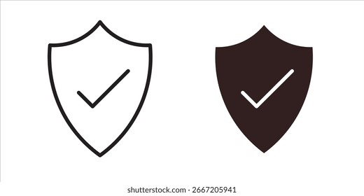 Dos iconos de escudo, uno negro y un contorno, cada uno con una marca de verificación en el interior, aislados en blanco.