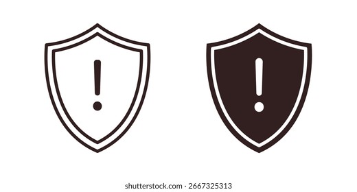 Dos iconos de escudo, uno negro y otro blanco, cada uno con un signo de exclamación central, aislado en blanco.