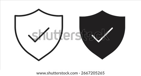 Two shield icons, one black and one outline, each with a check mark inside, isolated on white.